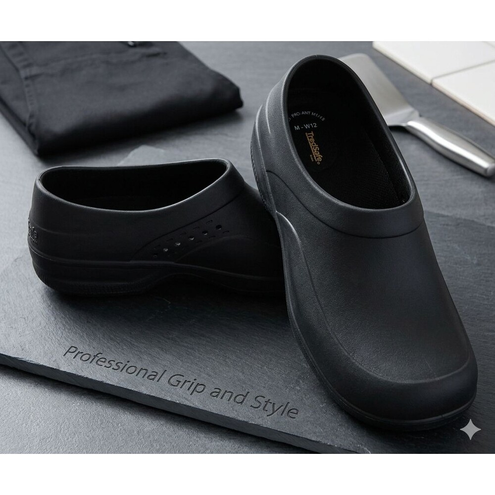 TredSafe Mens 11 Women’s 12 Black Slip Resistant Work Clogs Non‑Marking Oil Safe
